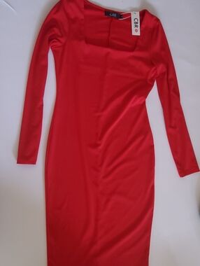 CBR Red Long Sleeve Bodycon Square Neck Dress